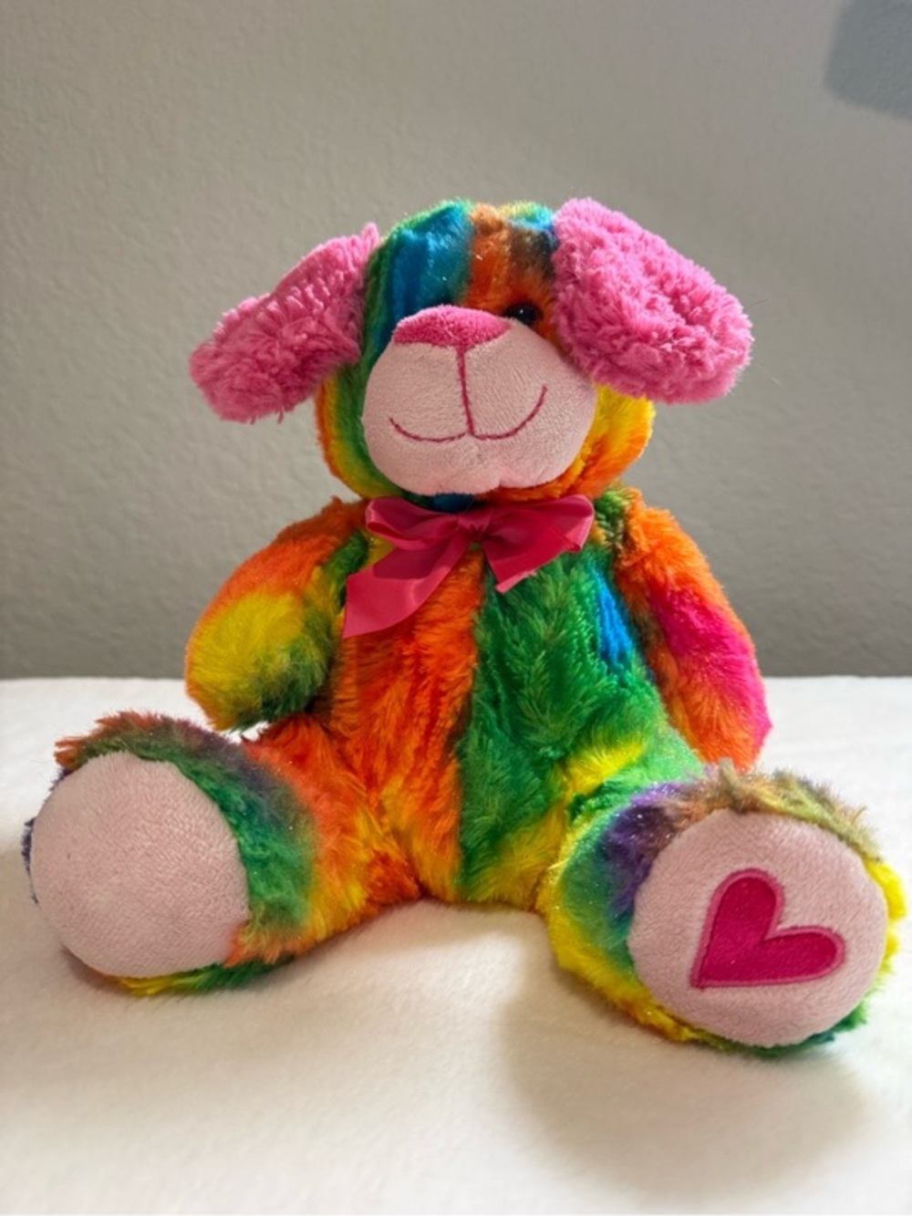 Rainbow Plush Puppy with Pink Bow and Heart Paw
